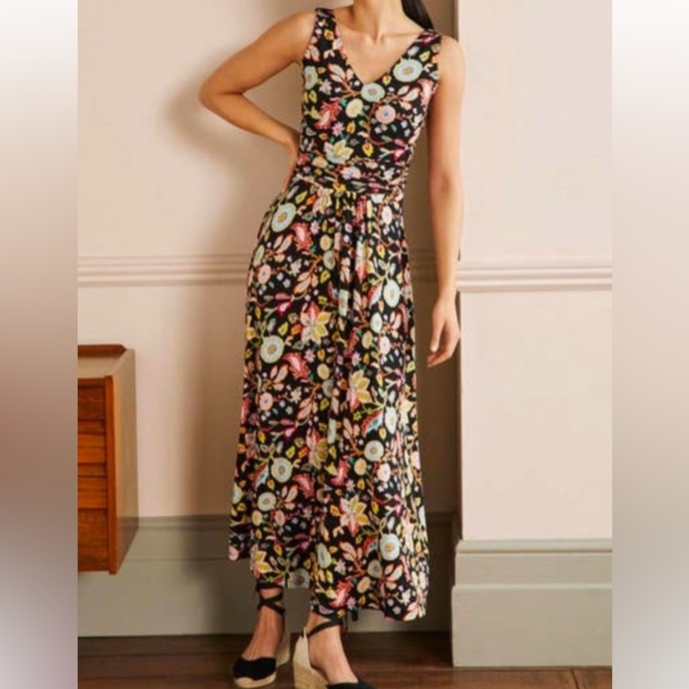 Boden Sienna Black Opulent Paradise Sleeveless Vneck ruched waist Maxi sz 12R